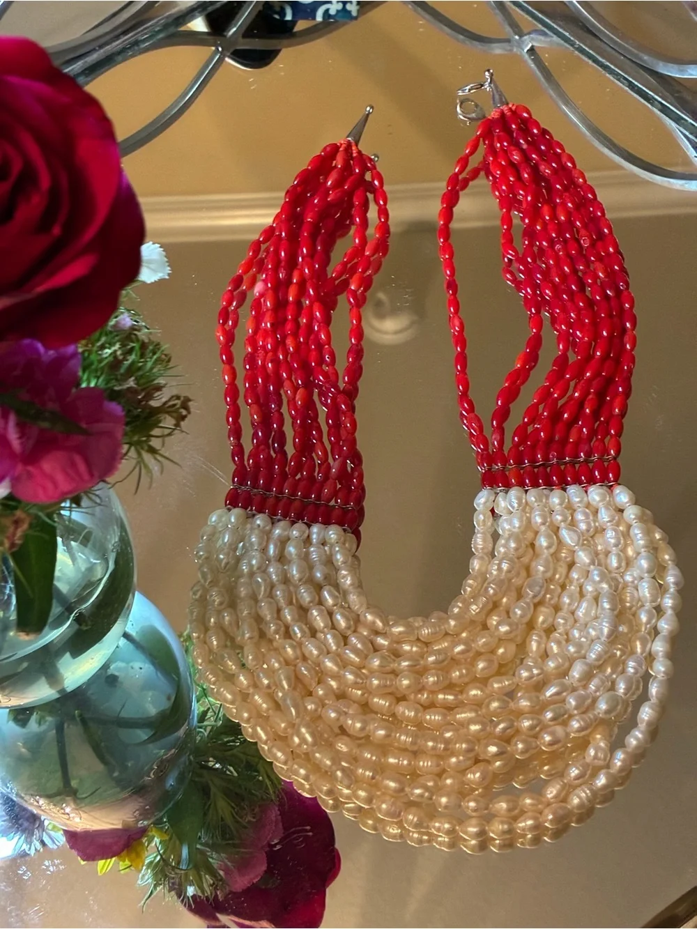 NOS VINTAGE Multi-strand White FW Pearls and Red Coral Beads- Single-owner - Picture 4 of 8